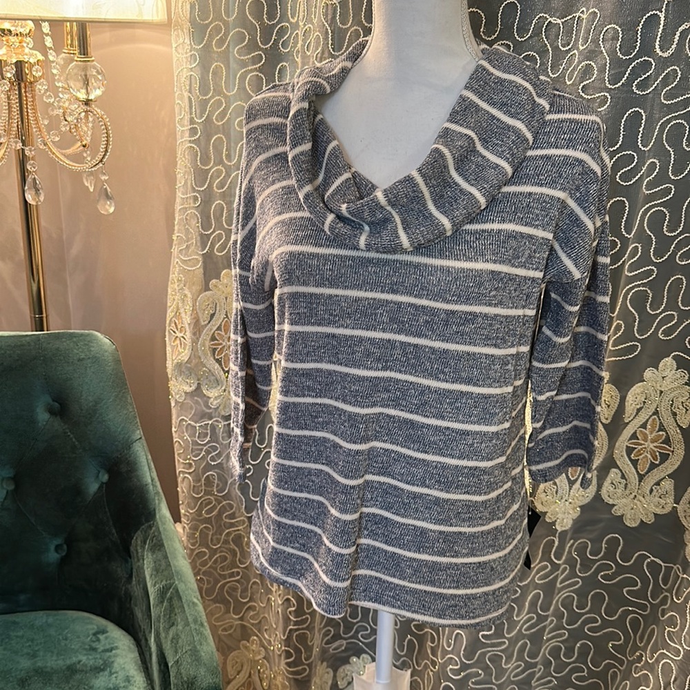 Style & Co relaxed fit shawl collar shimmer sweater top stripes - medium
